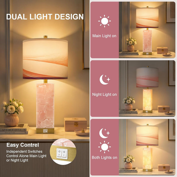Pink Alabaster Table Lamp Set of 2 with Night Light for Bedroom