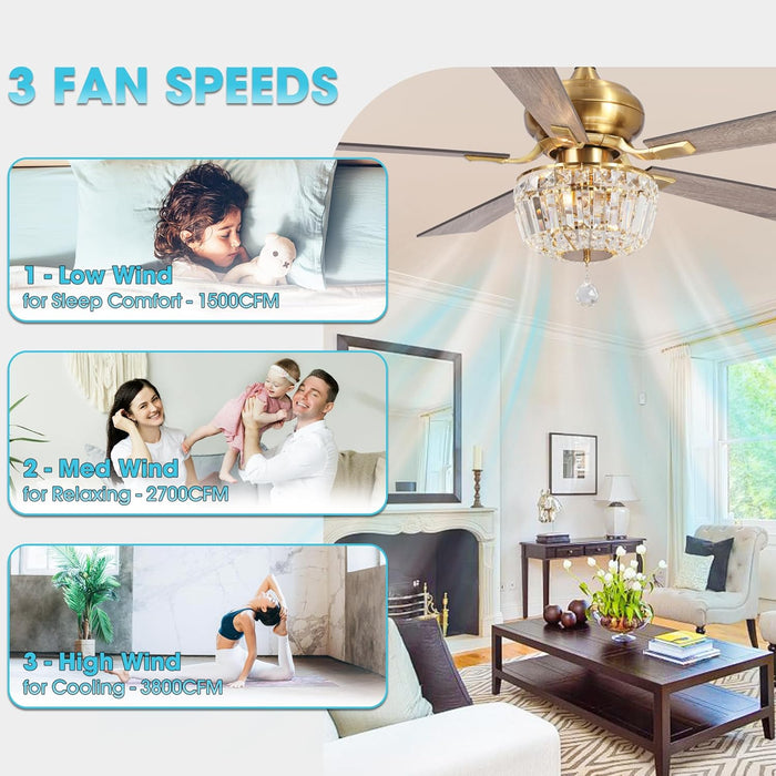 52 Inch Gold Ceiling Fans with Lights and Remote Crystal Chandelier Fan