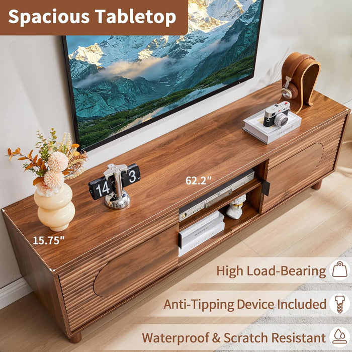 63Inch Wood TV Stand for Televisions up to 70 Inches,Mid Century Modern Entertainment Center TV Console Table with Storage and Shelf for Living Room Bedroom (Walnut)