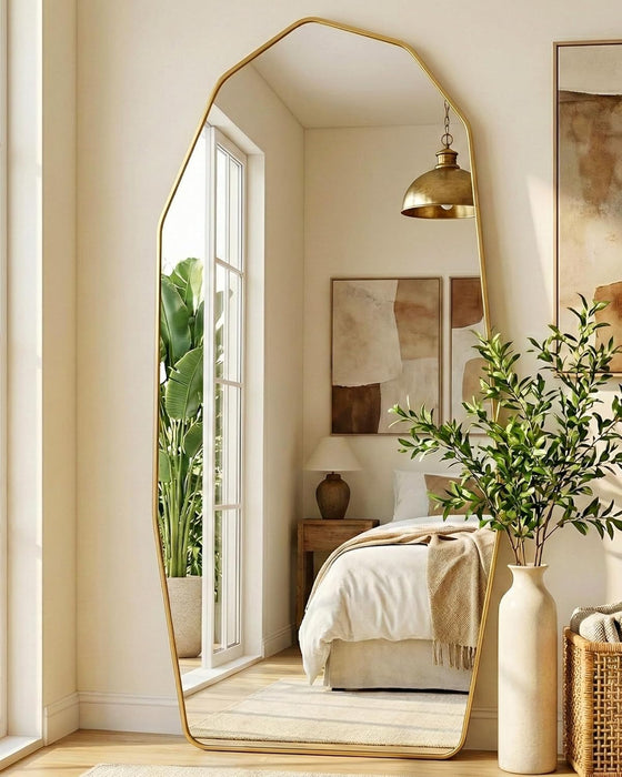Full Length Mirror, 71"X32" Floor Mirror, Free Standing Wall Mounted or Leaning Full Body Mirror with Aluminum Alloy Frame, Diamond Irregular for Bedroom Entryway Cloakroom, Gold