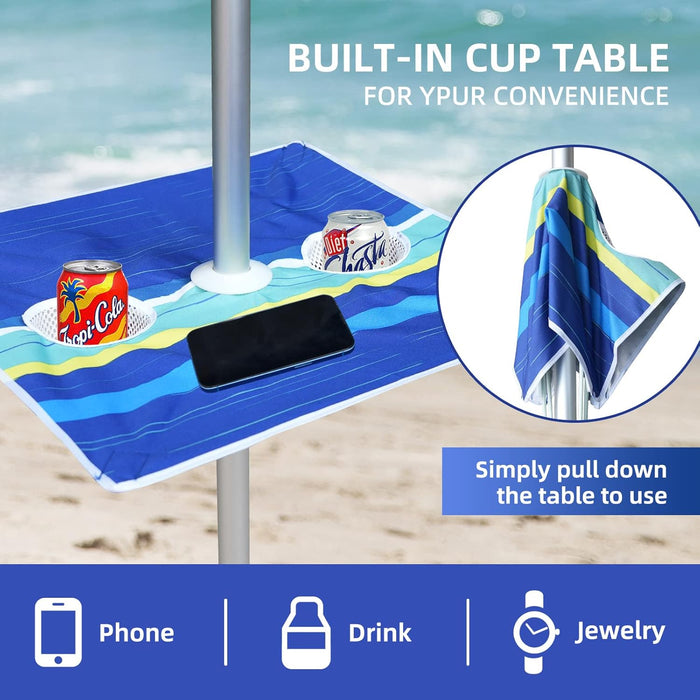 7Ft Heavy Duty High Wind Beach Umbrella with Sand Anchor, Built-In Table Tray & Tilt Pole, UPF 50+ Windproof Portable Outdoor Umbrellas Carry Bag for Patio Garden Pool Backyard Stripe