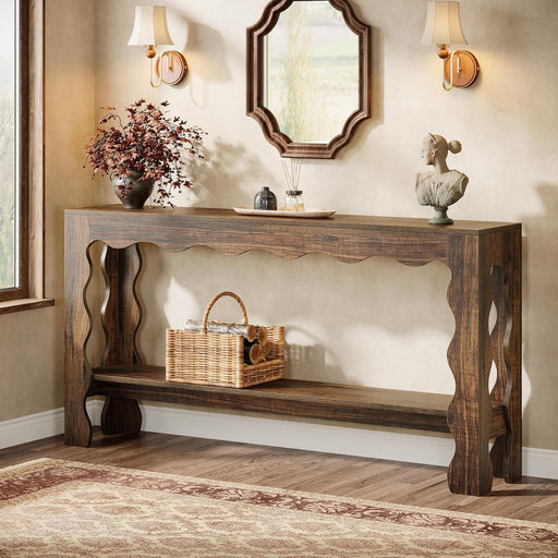 63 Inch Entryway Table, Modern Rustic Entry Table with Scalloped Edge & Storage Shelf, Accent Narrow Long Sofa Table behind Couch Console Tables for Entryway, Living Room, Dark Brown