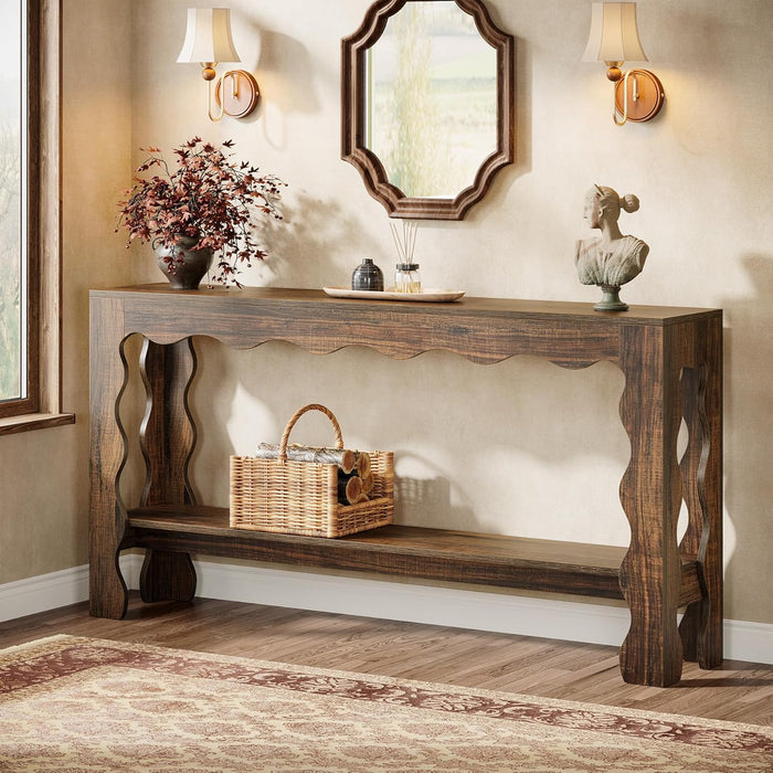 63 Inch Entryway Table, Modern Rustic Entry Table with Scalloped Edge & Storage Shelf, Accent Narrow Long Sofa Table behind Couch Console Tables for Entryway, Living Room, Dark Brown