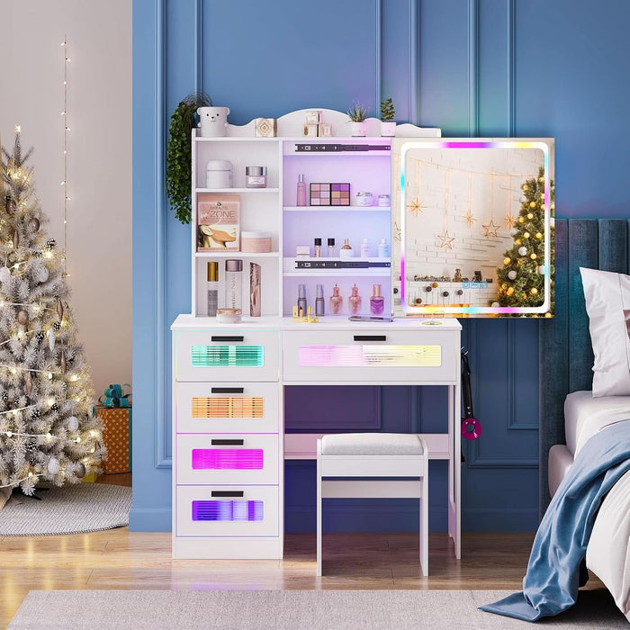 Vanity with LED Mirror, 6 Drawer Dresser with Charging Station for Bedroom, Small Makeup Vanitys Table with RGB Light, Vanity Set with Chair,Jewelry Organizer for Girls-White