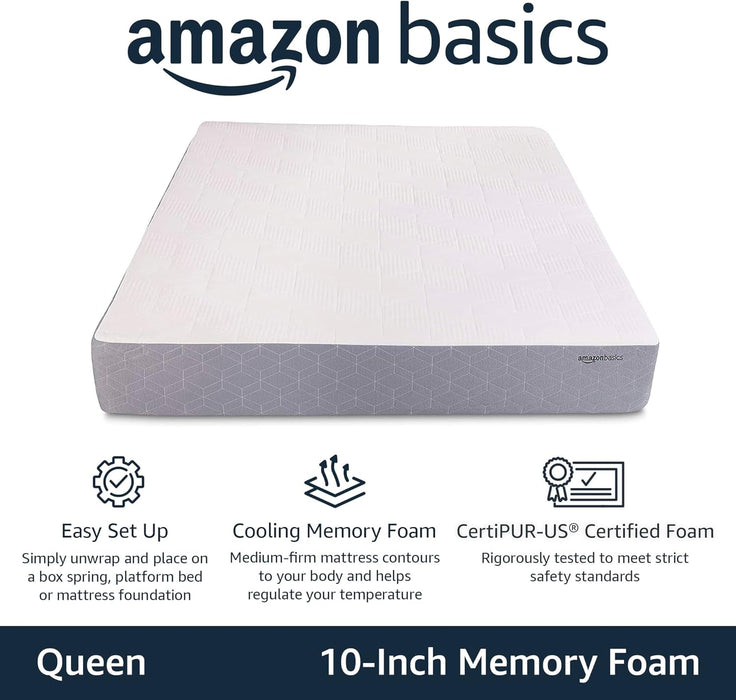 Memory Foam Mattress, Medium Firm, Cooling Gel, Queen Size Mattress, Certipur-Us® Certified Foam, 80 X 60 X 10 Inches, White/Gray