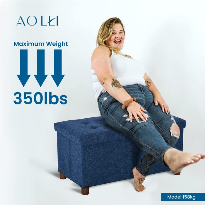 30 Inches Storage Ottoman Bench, Storage Bench with Wooden Legs for Living Room Folding Ottoman Foot Rest Removeable Lid for Bedroom End of Bed, Linen Fabric Blue