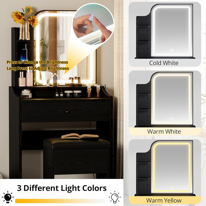 Black Vanity Desk With LED Illuminated MirrorStorage