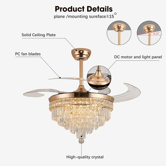 48" Crystal Retractable Ceiling Fan with Light - (Glam, Gold)