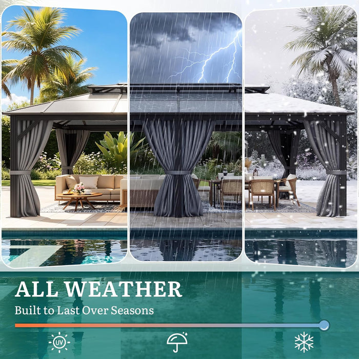 12X20Ft Gazebo Polycarbonate Hardtop Double Roof Canopy Outdoor with Netting and Shaded Curtains, Metal Frame Garden Tent for Patio, Backyard, Deck and Lawns, Grey