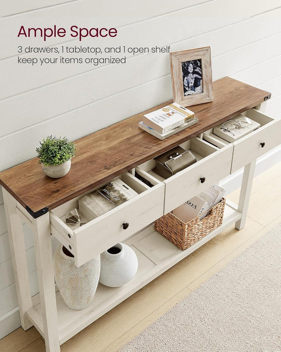 LIRY Collection - Console Table with 3 Drawers and Open Storage Shelf, Narrow Entryway Sofa Table for Living Room, Farmhouse Style, Metal Corners, Honey Brown and Rustic White ULNT142WJ02S
