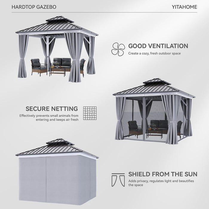 10X10FT Gazebo Patios Hard Top Outdoor Double Roof Canopy Aluminum Frame Metal Top Garden Gazebo with Curtains Netting for Backyards Decks Lawns, White