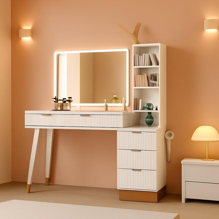 48" Vanity Desk with 35" Large Lighted Mirror, Big Modern Makeup Vanity Table with 5 Drawers & Shelves, Dressing Table with Charging Station/Glass Desktop/White