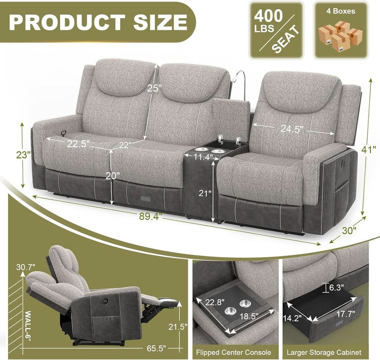 Recliner Sofa, 2 - Way Multi - Function Manual 3 Seater Couch with Cup Holders, Storage & USB Ports, Modern Multifunctional Sofa, Grey Linen & Leather Reclining Couch for Living Room