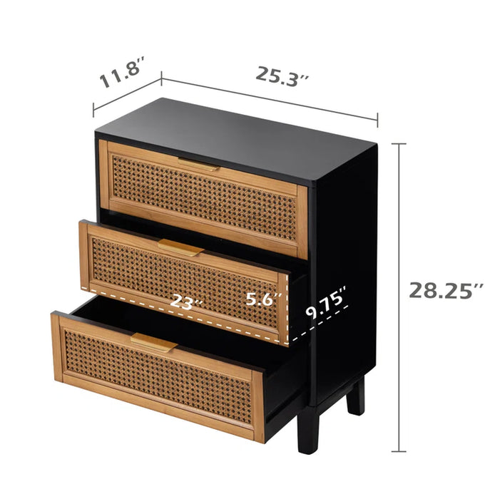 Aril 3-Drawer Woven Cane Front Accent Chest, Mid Century Modern 3 Drawers Nightstand