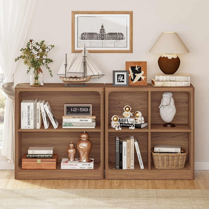 Wooden Bookshelf, 2-Tier Compact Open Bookcase with Rounded Corners, Small Floor Standing Display Book Shelf for Living Room, Bedroom, Home Office, Kids' Room (Walnut)