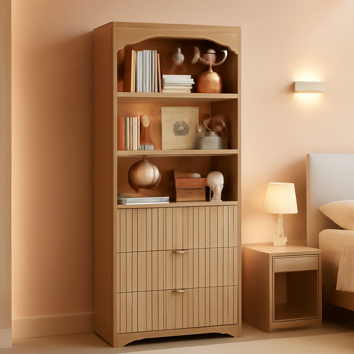 63.3" Tall Bookshelf, Bookshelves and Bookcases with Drawers, Arched Design Bookcase with Storage Cabinet, Natural Wood Grain Wave Pattern Storage Shelves for Living Room, Bedroom,Office