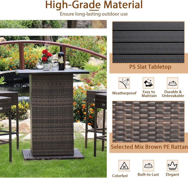 5-Piece Outdoor Bar Set, Wicker Rattan Bar Height Patio Set W/4 Cushion Bar Stools & Table with Hidden Storage, 5PCS Outdoor High Top Table and Chairs Set for Backyard Poolside (Navy Blue)