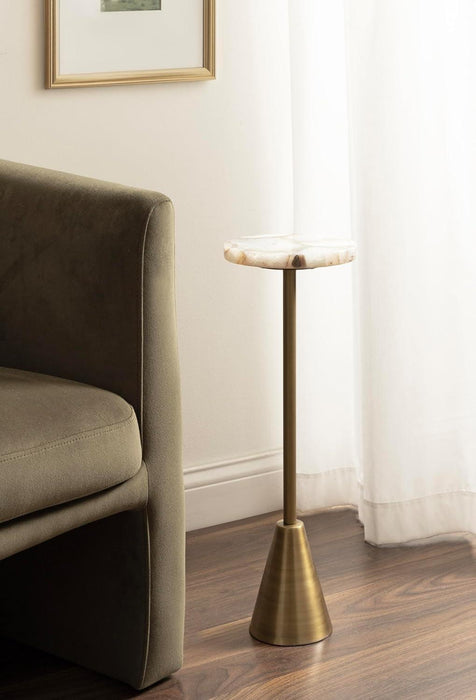 Sitara Mid-Century Modern Drink Table; 8 X 8 X 23; Natural Quartz and Brass; Unique round Stone Mini Table for Use as Bathroom Accent Table or Pedestal Martini Table