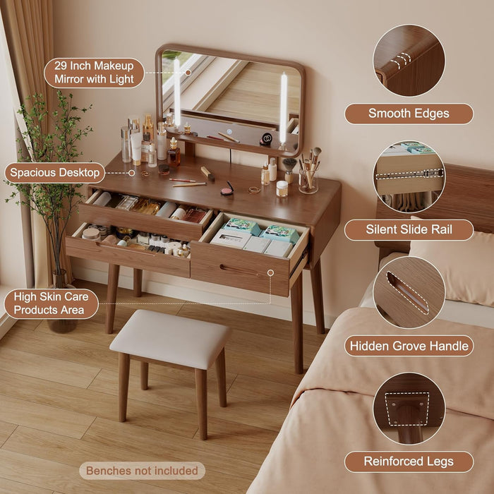 Solid Wood Vanity Desk with Mirror and Lights,Adjustable Height and Brightness, Makeup Vanity with 3 Drawers,Semi-Assembled,Dressing Table for Bedroom (Walnut)