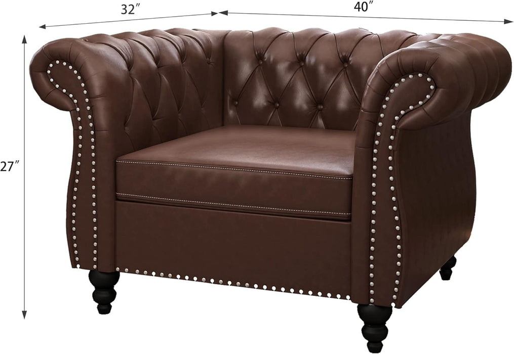 3 Piece Living Room Set, Chesterfield Leather Sofa Loveseat Couch Chair with Scroll Arms and Nailhead for Living Room, Office (Dark Brown)