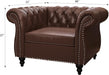 3 Piece Living Room Set, Chesterfield Leather Sofa Loveseat Couch Chair with Scroll Arms and Nailhead for Living Room, Office (Dark Brown)