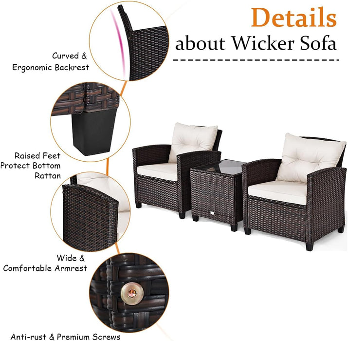 3 Pieces Patio Furniture Set, PE Rattan Wicker 3 Pcs Outdoor Sofa Set W/Washable Cushion and Tempered Glass Tabletop, Conversation Furniture for Garden Poolside Balcony (White)