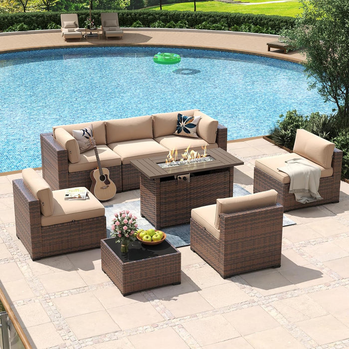 8 Piece Patio Furniture Set with 44” Fire Pit Table Wicker Rattan Outdoor Sectional Sofa Set with Coffee Table and Thickened Cushions, Beige (Waterproof Cover Included)