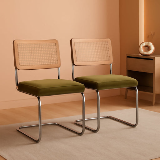 Rattan Dining Chairs Set of 2,Upholstered Mid-Century Modern Dining Room Chairs with Cane Backrest,Retro Velvet Kitchen Chairs with Stainless Chrome Base,Green