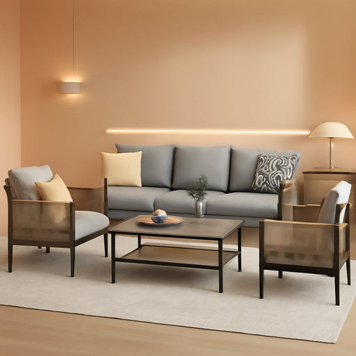 Aluminum Outdoor Patio Furniture Set with Dual-Layer Coffee Table, 5 Piece Modern Patio Conversation Sets with PE Rope, Outdoor Sectional Sofa with Thick Cushions for Balcony, Yard, Gray