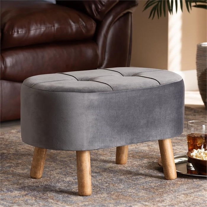 Simone Mid-Century Modern Grey Velvet Fabric Upholstered Wood Ottoman