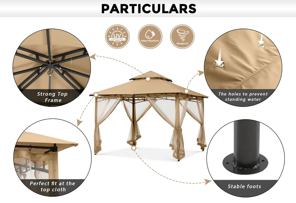 9' X 9' Outdoor Patio Gazebo Double Roof Steel Frame with Mesh Walls, Beige