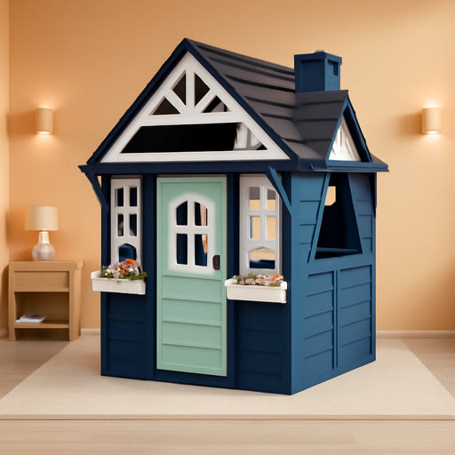 Kids Playhouse Outdoor,Cedar Gray Wooden Play House for Kids Ages 3-8,Interactive Doorbell, Kitchen Counter with Utensils, Sink, Window Boxes for Flowers (Blue)