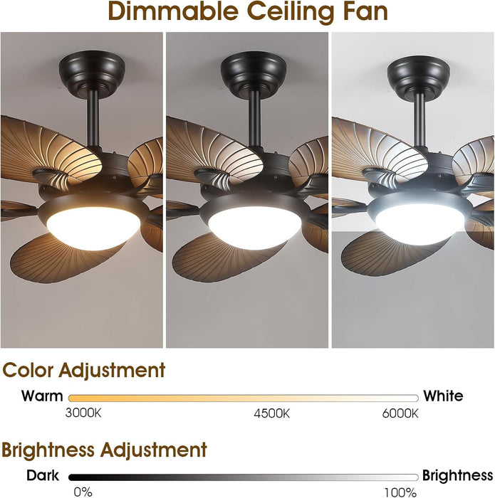 Tropical Ceiling Fans with Lights and Remote/App Control, 44 Inch Palm Leaf Ceiling Fan with LED Lights, Outdoor Ceiling Fans for Patios Porch, Reversible Quiet Motor, Dimmable, Wood Grain