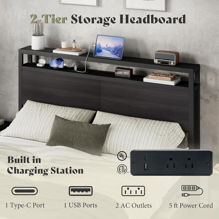Full Size Bed Frame with Storage Headboard & Charging Station, Industrial Metal Platform Bed with Large Under-Bed Storage, Heavy Duty Slats, No Box Spring Needed, Black