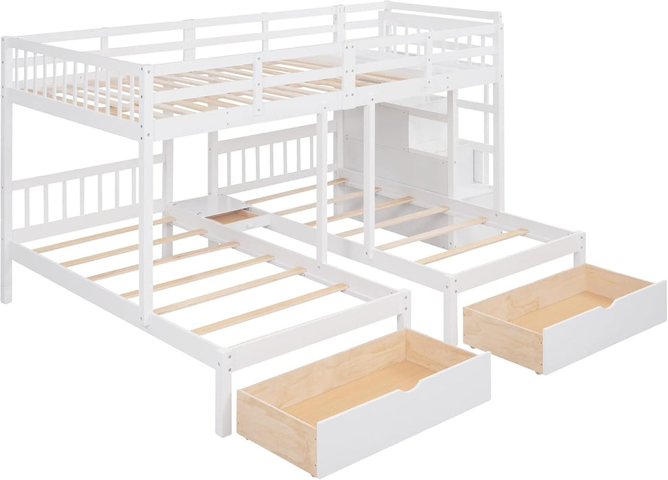 Triple Bunk Beds with Drawers, Wood Full over Twin & Twin Bunk Bed with Storage Staircase, Triple Bed for Kids,3 Bed Bunk Beds with Storage for Girls Boys,White