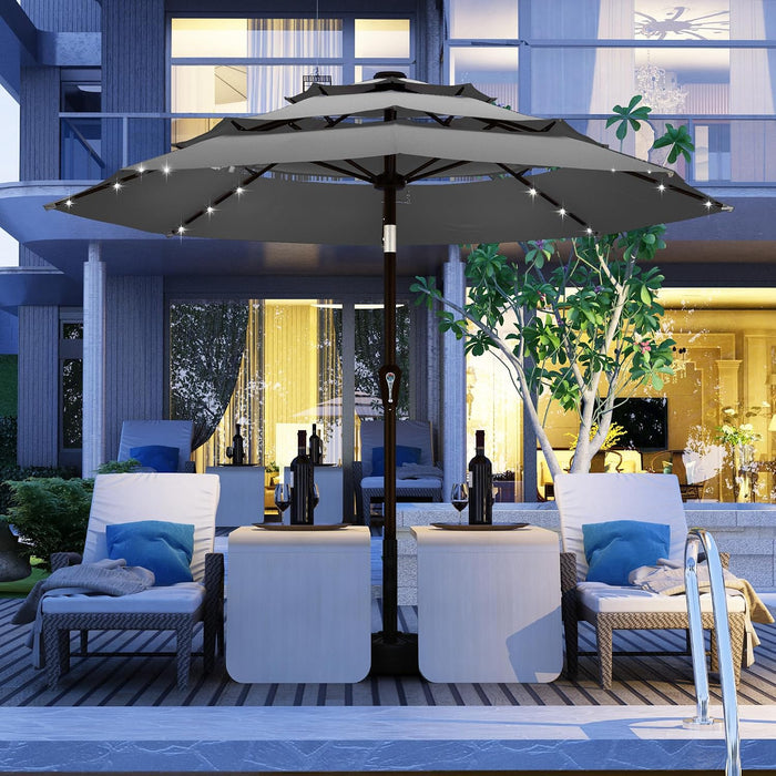 10Ft 3-Tier Patio Umbrella with Solar Lights, Table Umbrella Outdoor Patio with Easy Crank & Tilt, 8 Sturdy Ribs, UV Protection, 32 LED Lights for Deck, Poolside, Market (Grey)