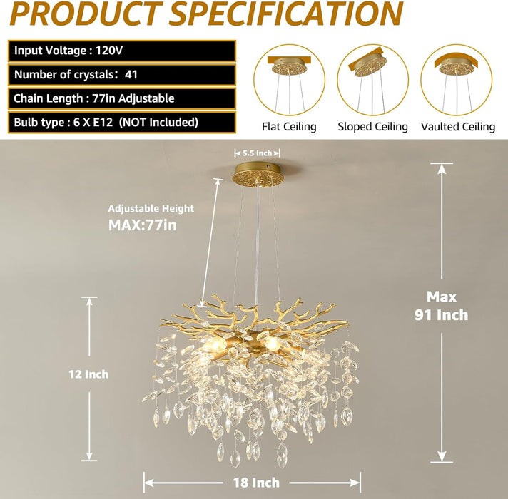 Gold Tree Branch Crystal Chandelier 18-Inch, Crystal Chandelier for Dining Room 6-Light, Hanging round Raindrop Chandeliers for Living Room E12