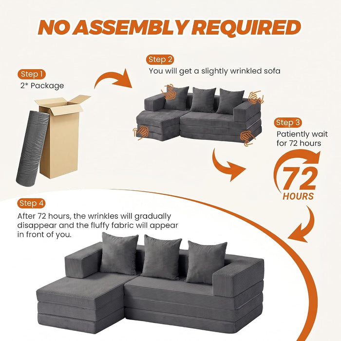 6-In-1 Tri-Folding Mattress | Cloud Boneless L-Shaped Modular Sectional Couches | Corduroy Pet-Friendly Convertible Futon Sofa Bed with 800LB Capacity Apartment, Guest Room, Game Room