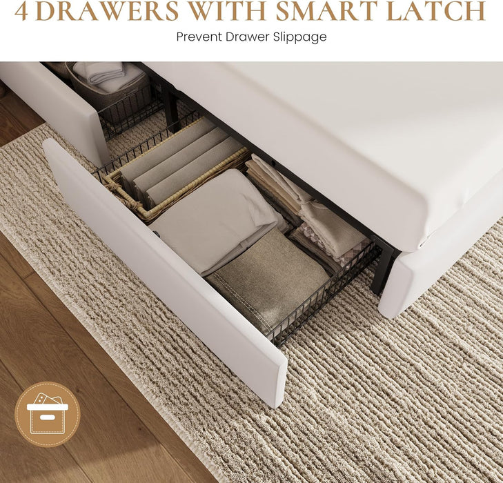 Full Size Platform Bed Frame with 4 Storage Drawers, Velvet Upholstered Headboard, Mattress Foundation with Wooden Slats Support, No Box Spring Needed, Easy Assembly, White