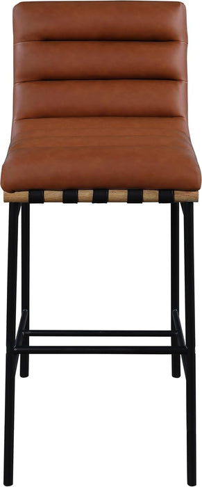 846Cognac-C Burke Collection Modern | Contemporary Bar Stool with Soft Cognac Vegan Leather, Matte Black Metal Frame, White Oak Veneer Metal Dowel, 18" W X 24" D X 40.5" H, Cognac