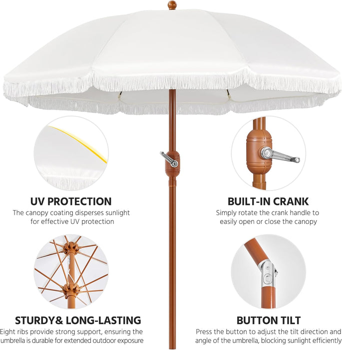 9Ft Patio Umbrella with Tassels, Fringe Portable Beach Umbrella, Umbrella Outdoor Patio with Crank Operating Mechanism, Tilting Aluminum Pole, Fiberglass Ribs for Garden, Pool, Cream