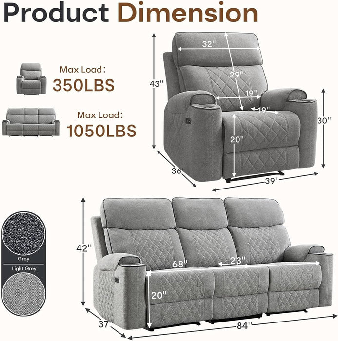 2-Piece Electric Recliner Sofa Set with Charging Port, Include Single Power Reclining Chair and 3-Seater Reclining Sofa for Living Room, Light Grey
