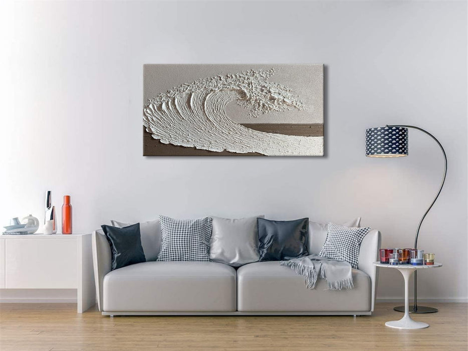 Abstract Ocean Wave Wall Art, White Textured Oil Painting on Canvas, Modern Minimalist Wall Decor