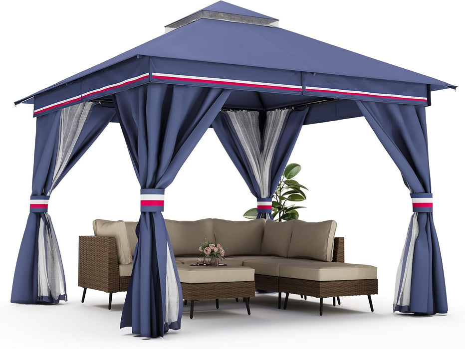 Patio Gazebo 10'X10', Outdoor Heavy Duty Party Tent Shelter with Double Roofs, Mosquito Nettings and Privacy Screens for Backyard, Garden, Lawn, Classic Blue
