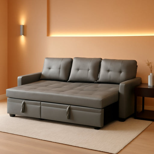 Jenny Sectional Sofa Sleeper with Storage Chaise, Tufted Pull Out Couch with Storage, Sectional Bed, L-Shaped Reversible Sleeper Sofa, Gray,Air Leather