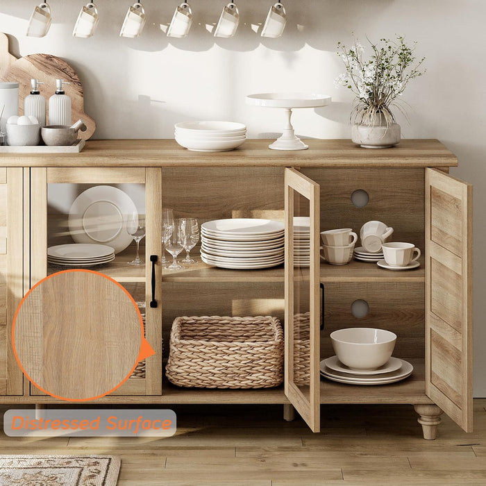 Farmhouse Buffet Cabinet with Glass Door, Wooden Sideboard, Oak, 58” | Wood Kitchen Storage Cabinet with Adjustable Shelf, Coffee Bar Table with Solid Wood Leg, Accent Cabinet for Dining Room