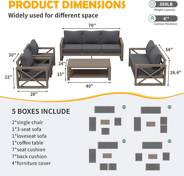 Aluminum Patio Furniture Set, 8 Pieces Modern Metal Outdoor Furniture, Faux Wood Grain Finish Frame Patio Sofa Sets with 6" Cushion for Backyard, Dark Grey (Included Waterproof Covers)