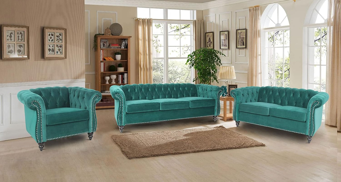3 Pieces of Living Room Furniture Sofa Sets, Modern Velvet Chesterfield Sofa&Chesterfield Club Chair&Chesterfield Loveseat Sofas Set with Nailhead Trim Scroll Arms for Living Room(Green)