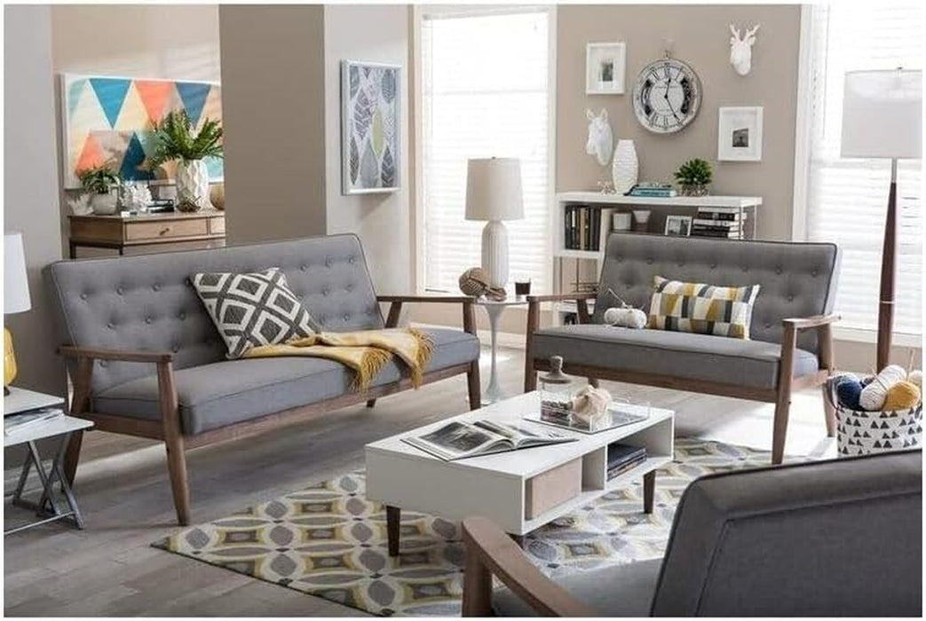 Nordic Haven Mid-Century Retro Modern Grey Fabric Upholstered Wooden 3 Piece Living Room Set, Includes - Sofa, Loveseat and Chair