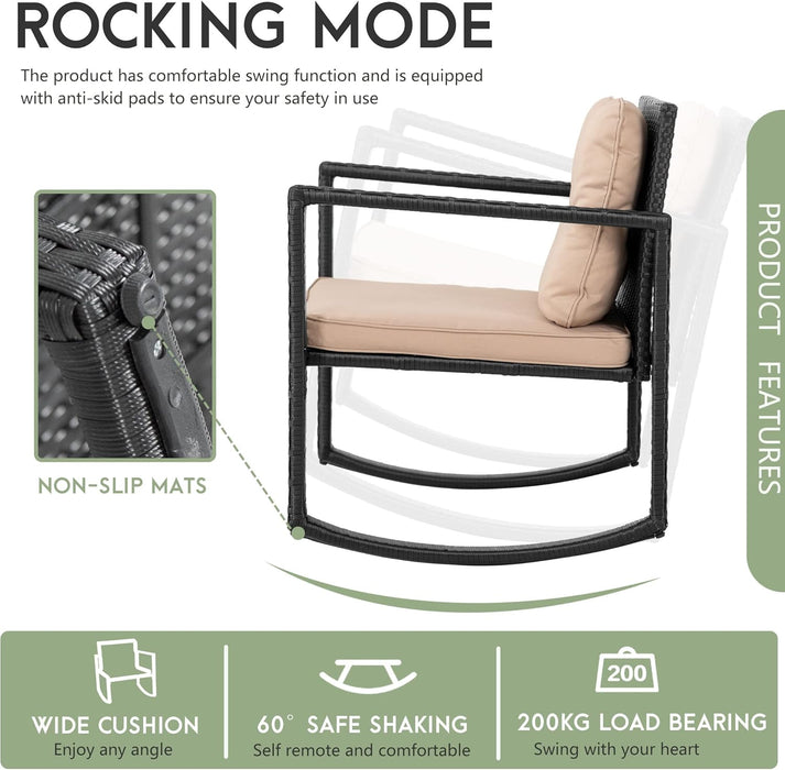 Wicker Patio Furniture Outdoor Bistro Set, Rocking Chair, 3 Piece, Rattan Conversation Set for Backyard Porch Poolside Lawn with Coffee Table,Black